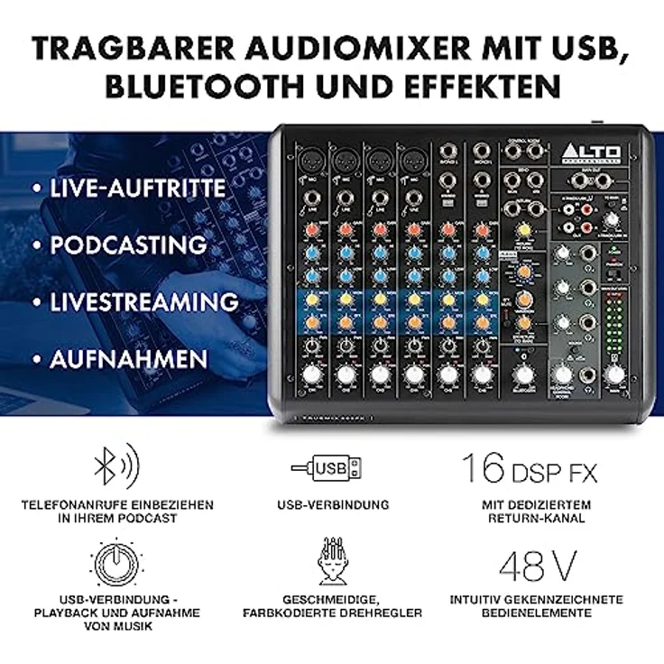 ALTO PROFESSIONAL Alto TrueMix 800FX Audio Mixer, 4 XLR-Mikrofoneingänge, USB Audio Interface, Bluetooth, für Podcasting, Live-Auftritte, Recording, DJ, Mac & PC – Bild 2