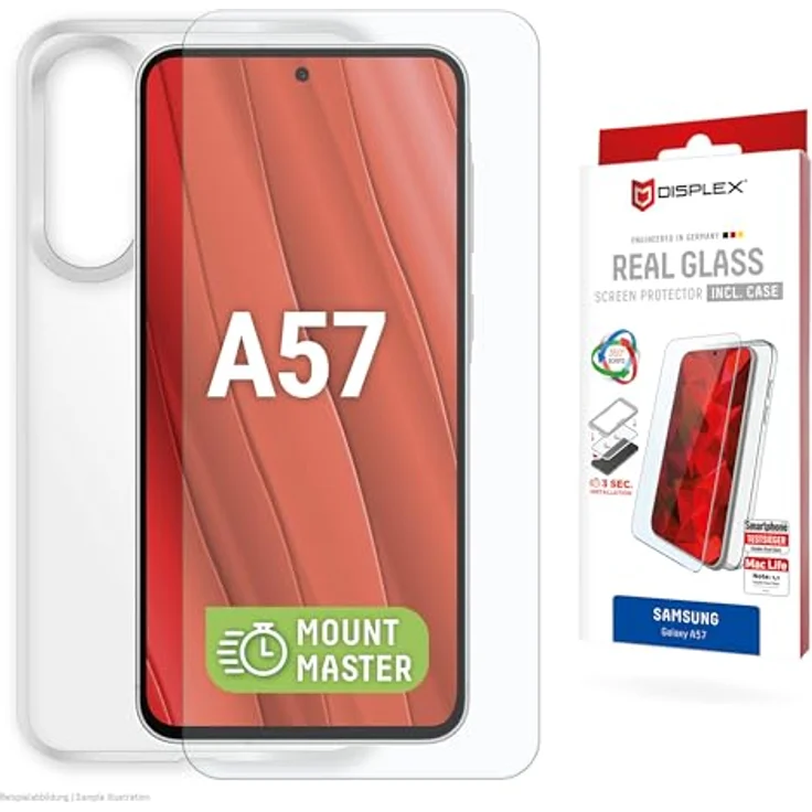 Displex Real Glass Panzerglas Displayschutz + Case für Samsung Galaxy A57, 10H gehärtetes Glas, kratzfest, blasenfrei mit EASY-ON® MountMaster – Bild 1