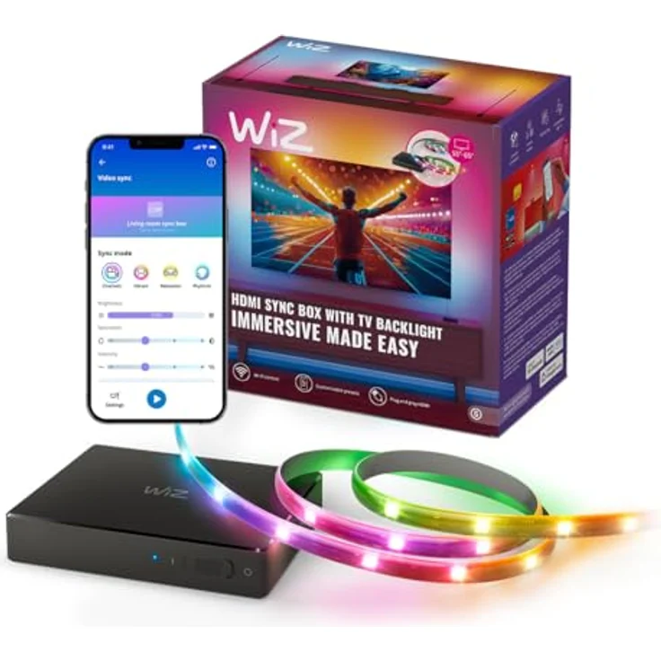 WiZ HDMI Sync Box mit TV Beleuchtung, 4K 60Hz Unterstützung, RGBIC LED Strip für 55-65 Zoll, App-/Sprachsteuerung, kompatibel mit Google & Alexa – Bild 1