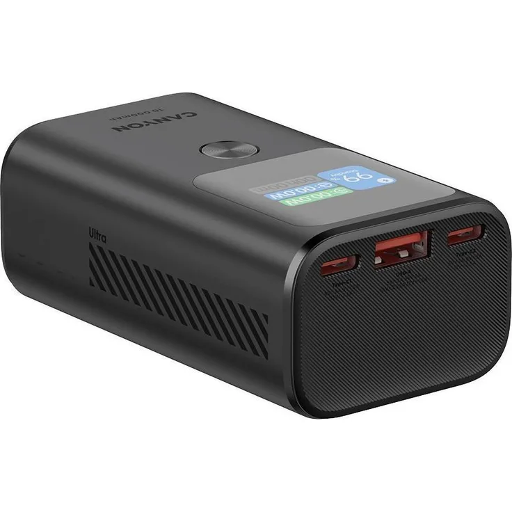 Canyon OnPower 130 TFT Powerbank, 10000 mAh, 30 W, LCD-Display, Aluminium Gehäuse, Dunkelgrau