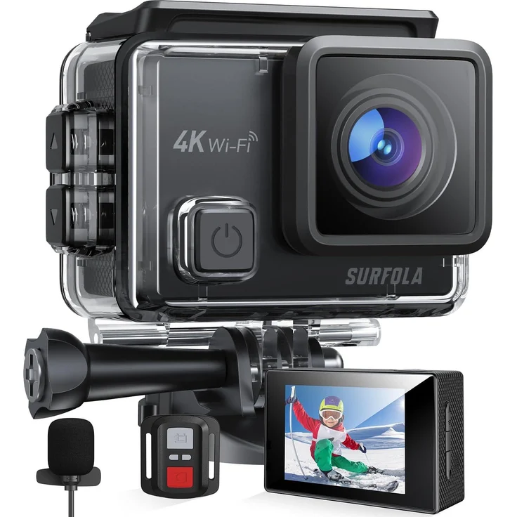 Surfola SF230 4K Action Cam, 40 m Unterwasserkamera mit Stabilisierung, 170° Weitwinkel, externem Mikrofon, 2 wiederaufladbaren Batterien und Fernbedienungsmontage