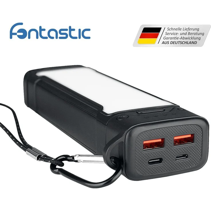 Fontastic Power Bank mit LED Licht Atria20 20000mAh schwarz 3 Helligkeitsstufen, SOS-Signallicht, USB-A, Typ-C