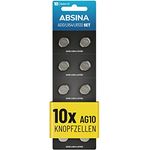 ABSINA AG10 LR1130 Knopfzelle 10er Pack - 1,5V Alkaline Knopfzellen auslaufsicher & mit langer Haltbarkeit - LR54 / V10GA / RW49 / G10A / 189 / GP189 / L1130 / 89A - Batterien in 10er Packung