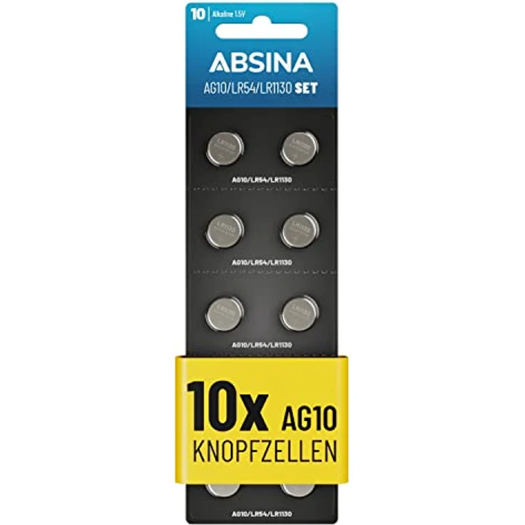 ABSINA AG10 LR1130 Knopfzelle 10er Pack - 1,5V Alkaline Knopfzellen auslaufsicher & mit langer Haltbarkeit - LR54 / V10GA / RW49 / G10A / 189 / GP189 / L1130 / 89A - Batterien in 10er Packung – Bild 1