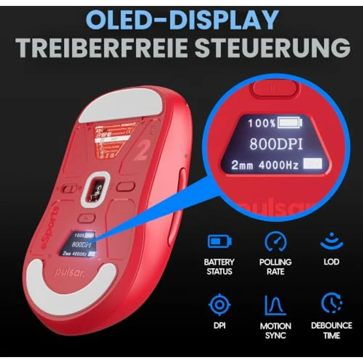 Pulsar Gaming Gears X2H ES, kabellose Gaming-Maus, limitierte Auflage, PAW3395-Sensor, OLED-Display, optische Schalter, 100-Stunden-Akku, 4K-Dongle im Lieferumfang enthalten – Bild 4