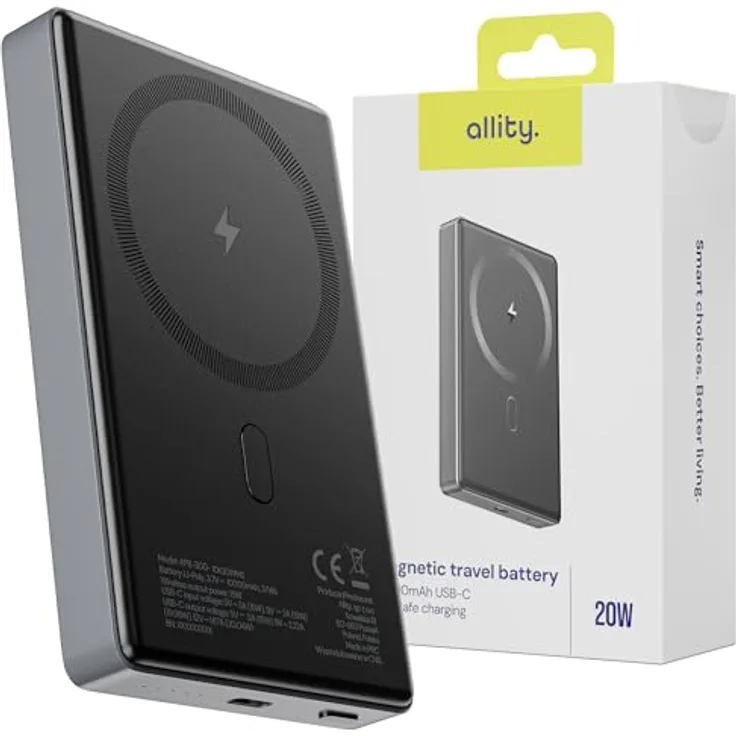FOREVER Allity Powerbank Wireless APB-300 PD QC 20W 10000 mAh Grau Magnetisch, 15 W drahtloses Laden, 20 W USB-C-Anschluss