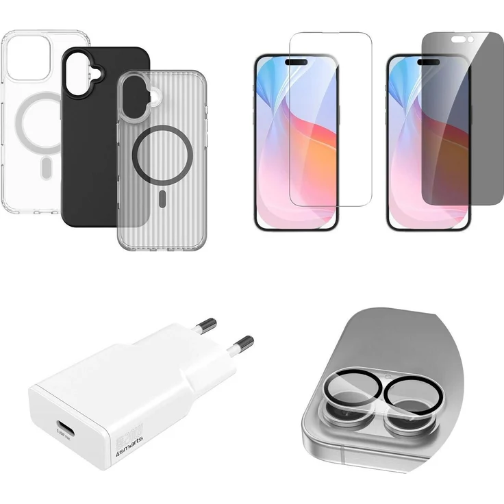 4smarts 7 in 1 Value Set für Apple iPhone 16, Smartphone Schutzfolie und Zubehör, Transparent, inkl. 2 Schutzgläser, 3 Schutzhüllen, Kameraglas und 20W Netzadapter