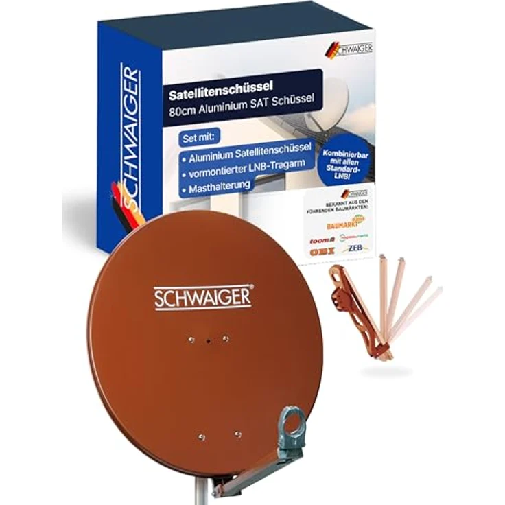 Schwaiger Aluminium Satellitenschüssel 80 cm, vormontiert, ziegelrot, mit LNB-Tragarm und korrosionsgeschützter Beschichtung – Bild 1