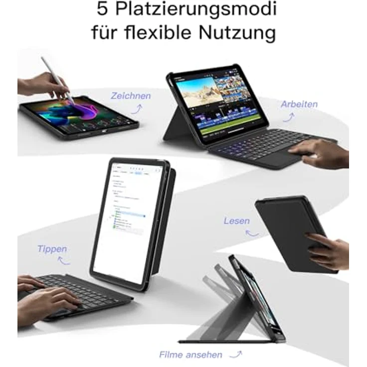 Inateck iPad-Tastaturhülle für iPad Air 2024, iPad Air Pro 10.9/11/12.9/13 Zoll (Bluetooth, Hoch-/Querformat Ständer, 7-farbige Beleuchtung) – Bild 3