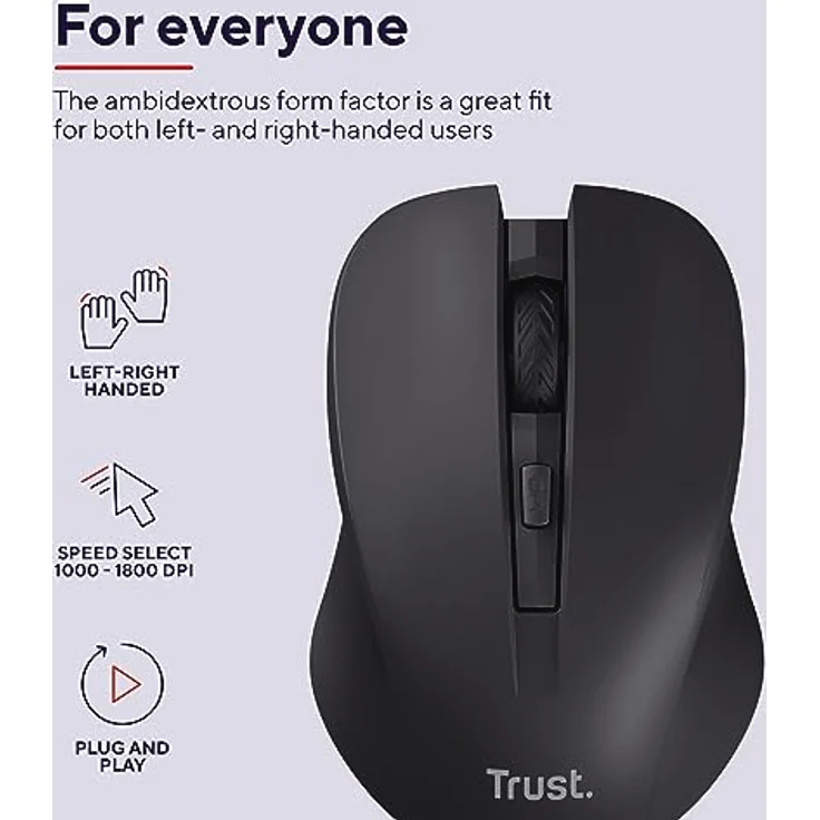 Trust Mydo Leise Funkmaus, 82% aus Recyclingkunststoff, 1000-1800 DPI, Verstaubarer USB Mikroempfänger, RF 2.4GHz, für Rechts- und Linkshänder, Maus Kabellos für Laptop, PC, Mac - Schwarz – Bild 5
