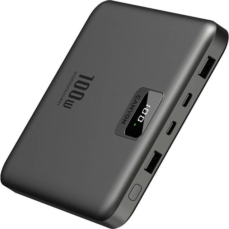 Canyon Powerbank PB-2008 LED, 20000 mAh, PD100W, QC3.0, Dunkelgrau, mit LCD-Display und LED-Taschenlampe