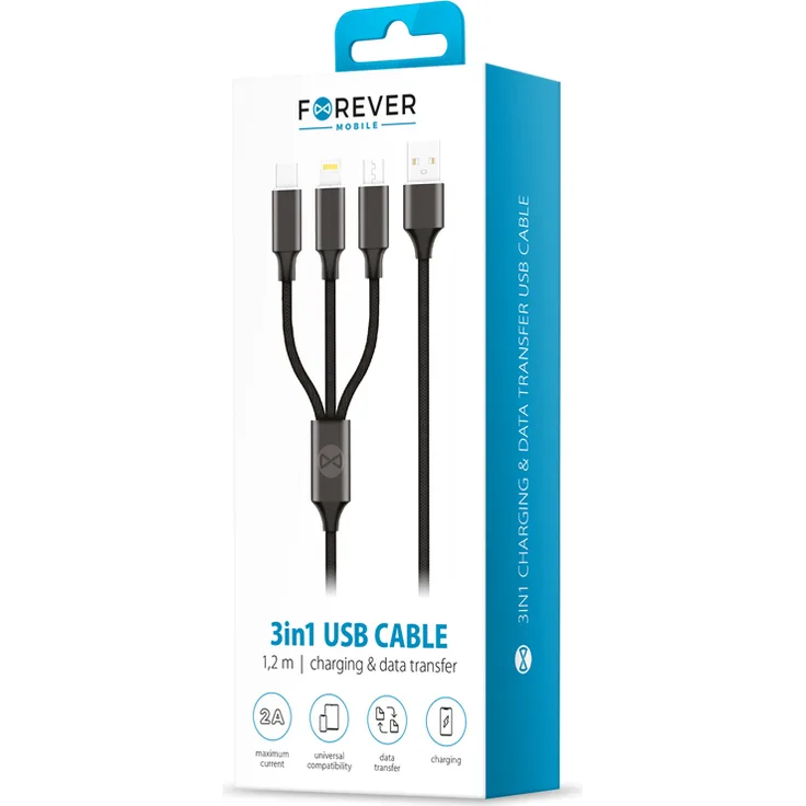FOREVER 3-in-1 Ladekabel, USB Lightning, USB-C, microUSB, 1,2 m, schwarz, Schnellladung bis 2A