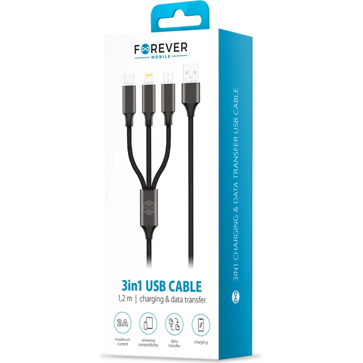 FOREVER 3-in-1 Ladekabel, USB Lightning, USB-C, microUSB, 1,2 m, schwarz, Schnellladung bis 2A