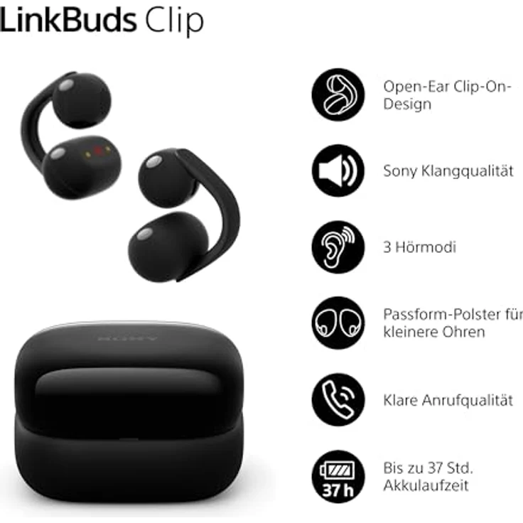 Sony LinkBuds Clip, Kabellose Kopfhörer mit 9 Stunden Akkulaufzeit, Schwarz, mit DSEE-Technologie und KI-Rauschunterdrückung – Bild 2