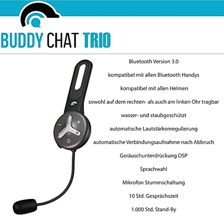 BuddyChat Buddy Chat Trio Bluetooth-Kopfhörer (bis zu 1000m Reichweite, Gegensprechanlage für bis zu 3 Teilnehmer) – Bild 3