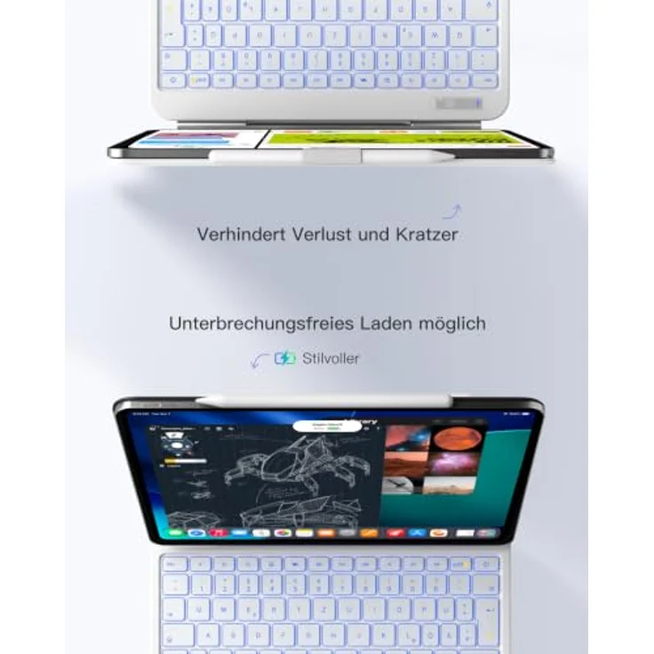 Inateck KB903, Magnetische Tastatur für iPad 11 Gen 2025 A16/10 Gen, Großes Trackpad, LED Anzeige, 7 Farben Hinterleuchtet, QWERTZ, mit Stifthalter – Bild 6