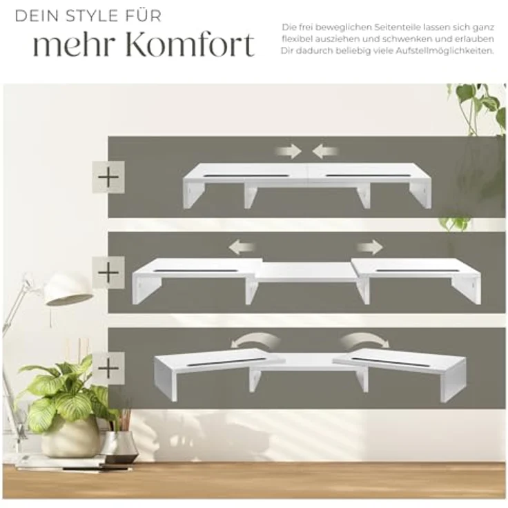 tectake® Monitorständer weiß, Ergonomische Bildschirmerhöhung mit flexibler Anpassung und zusaätzlichem Stauraum – Bild 5