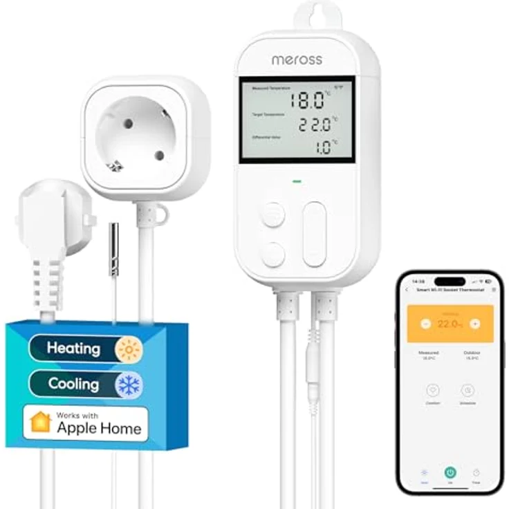 Meross Smart Thermostat Steckdose für HomeKit Digital WLAN Temperaturregler WiFi Heizungsthermostat Steckdose mit Fühler für Heizung und Kühlung 16 A, 2,4GHz – Bild 1