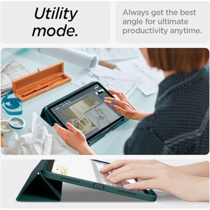 Spigen Urban Fit Hülle Kompatibel mit iPad Air 6. M2 (2024) / 5. (2022) / 4. Generation (2020) 11 Zoll und 10.9 Zoll Case - Stabiler Ständer und veganes Velo-Kunstleder - Mitternachtsgrün – Bild 5