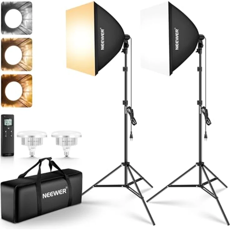NEEWER NK103 24"x24" Softbox Beleuchtungsset, 2er Pack mit 45W zweifarbigen LED Glühbirnen, 2900K-7000K, 1400Lux/m, CRI95, 20m Fernbedienung und höhenverstellbaren Stativen – Bild 1
