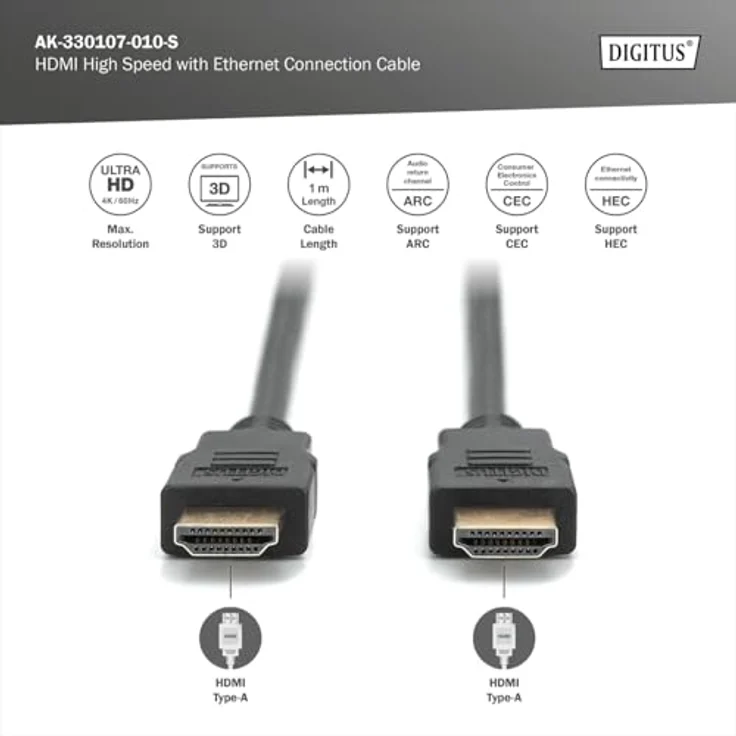 ASSMANN HDMI 2.0 Anschlusskabel 2xHDMI Typ A Stecker HDMI High-Speed mit Ethernet 1m bulk 4K Ultra HD und 3D tauglich ARC C – Bild 2