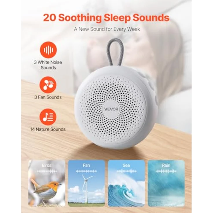 VEVOR HFD-W30, Einschlafhilfe White Noise Machine mit 20 Musiktiteln, 4-in-1 Soundmaschine, automatischem Abschalttimer, sanftem Ringlicht, Speicherfunktion & Kindersicherung – Bild 2