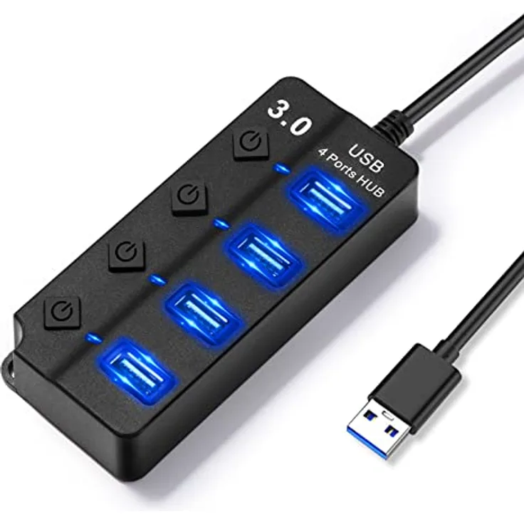 Hoppac USB-Hub, 4 Ports USB-Splitter mit unabhängigen Schalterungen, 1 USB-3.0-Anschlüsse, 3 USB-2.0-Adapter für PC, mit LED-Licht, mehrfacher USB-Buchse für schnelle Datenübertragung, Schwarz