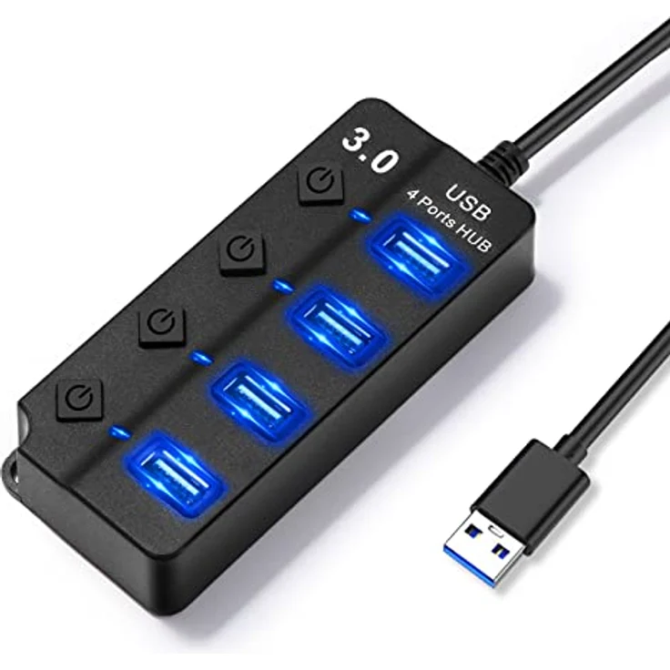 Hoppac USB-Hub, 4 Ports USB-Splitter mit unabhängigen Schalterungen, 1 USB-3.0-Anschlüsse, 3 USB-2.0-Adapter für PC, mit LED-Licht, mehrfacher USB-Buchse für schnelle Datenübertragung, Schwarz – Bild 1