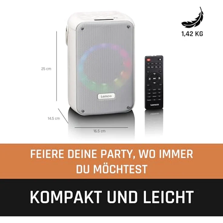 Lenco BTC-060WH, Bluetooth Lautsprecher mit 12h Akkubetrieb, drahtlosem Mikrofon und LED-Beleuchtung, Weiss – Bild 7