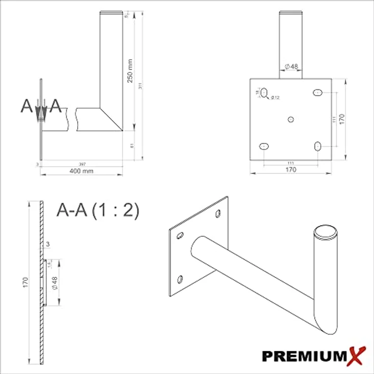 FBA-PremiumX 35-40cm Wandhalter Stahl verzinkt SAT Antenne Wandhalterung Wand Montage Halter Wandabstand 35-40 cm + Fischer Schraubensatz für Wand Montage – Bild 6