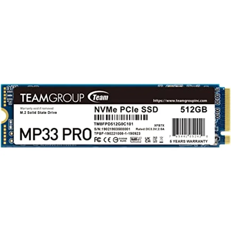 TEAMGROUP MP33 PRO 512 GB M.2 PCIe 2280 NVMe 1.3 interne SSD, bis zu 2100 MB/s Gen3x4 Solid State Drive, Terabyte Written TBW>400 TB TM8FPD512G0C101