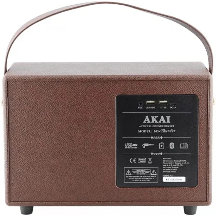 Akai Retro Bluetooth Lautsprecher mit Leder-Optik - Tragbarer Bluetooth 5.0 Speaker Box für Indoor & Outdoor im Vintage Look, USB, Aux-In, Braun – Bild 4