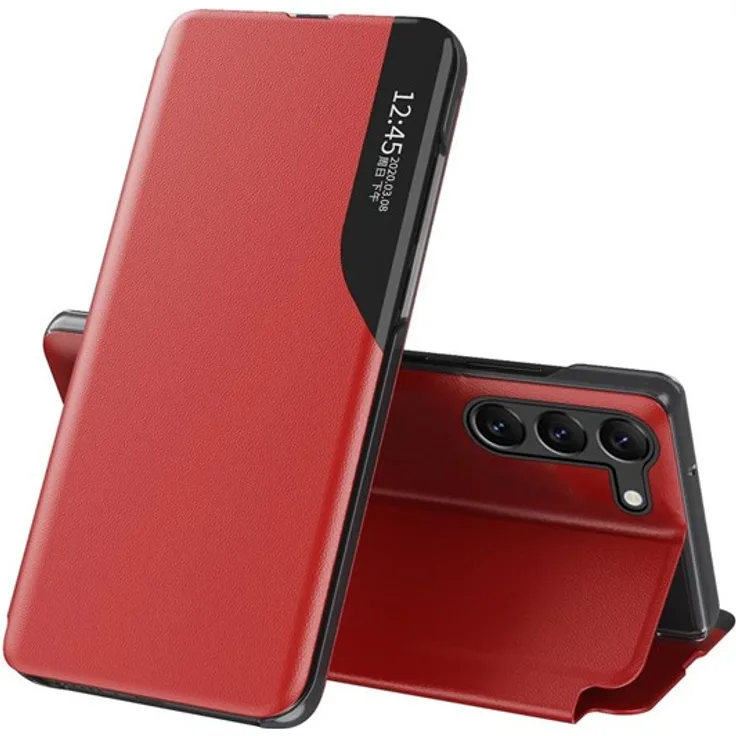 Hurtel Leather View Case für Samsung Galaxy S23+ mit Flip Stand, rot, schützendes Design aus Leder und PC-Material