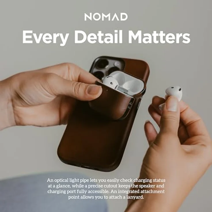 Nomad Modern Leather Case für AirPods 4, zweiteilige Schutzhülle aus hochwertigem Echtleder und Polycarbonat, braun, kabelloses Laden kompatibel – Bild 7