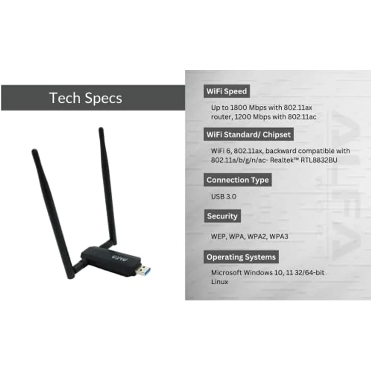 Alfa Network AWUS036AX, USB WLAN Adapter mit 802.11ax Dualband WiFi 6, AX1800 Geschwindigkeit, USB 3.0, 2 abnehmbare Antennen – Bild 3