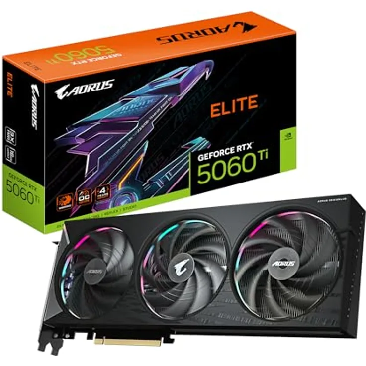 Gigabyte AORUS GeForce RTX 5060 Ti Elite 16G Grafikkarte – 16 GB GDDR7, 128 Bit, PCI-E 5.0, 2722 MHz, 3 x DisplayPort, 1 x HDMI, RGB Halo, Dual BIOS, WINDFORCE Kühlsystem