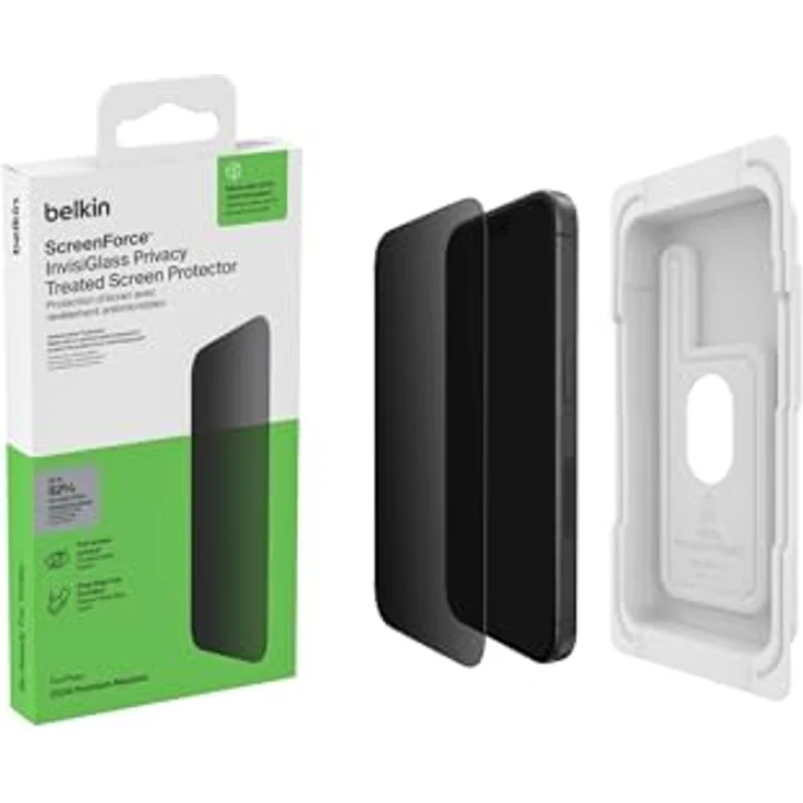 Belkin ScreenForce InvisiGlass iPhone 16 Pro Sichtschutz, kratzfester Stoßschutz Schutzfolie aus recyceltem Glas, Positionierungsschale, Displayschutz - Nachhaltig (Farbe: Nicht spezifiziert) – Bild 1
