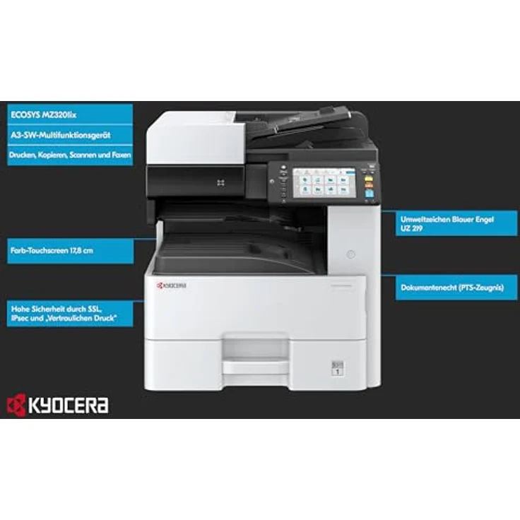 Kyocera Ecosys MZ3201ix, Laserdrucker Multifunktionsgerät Schwarz-Weiß, 32 Seiten A4/min, DIN A3, Drucker Scanner Kopierer Fax, Farb-Touchscreen, 1.200 DPI, Duplex, USB 2.0 – Bild 3