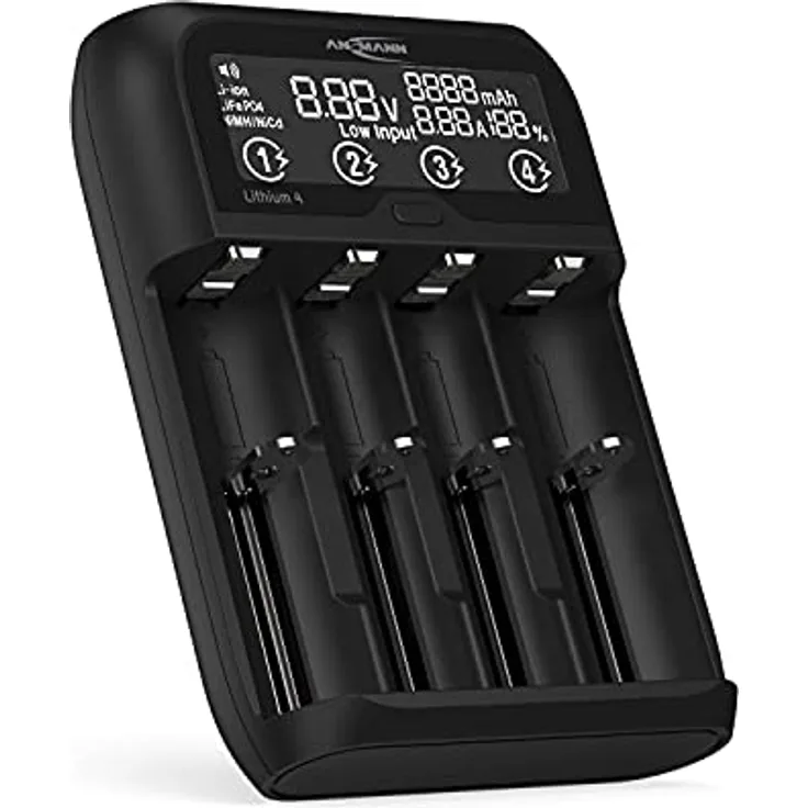 ANSMANN Universal Akku Ladegerät „Lithium 4“ für Li-ion 18650 21700 26650 22650 18500 UVM. & NiMH AA/AAA/Baby C – Batterieladegerät für Lithium Ionen Zellen und NiMH Akkus, USB Typ C Eingang