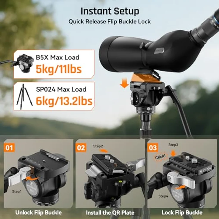 SIRUI Europe Sportich SP024 + B5X, Carbon Dreibeinstativ 1/4 Zoll, Arbeitshöhe 31 - 159 cm, leicht und stabil für Outdoor-Beobachtungen – Bild 8