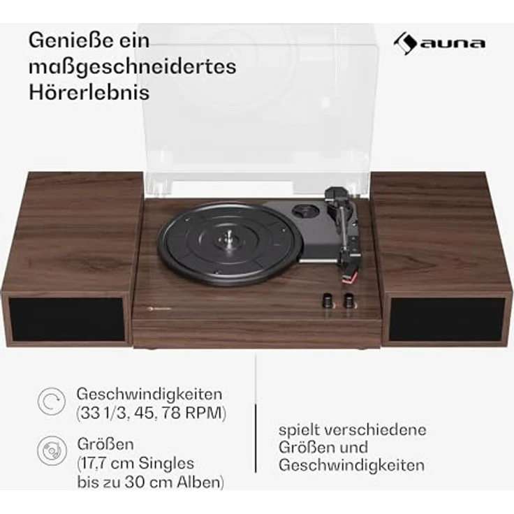 Auna Plattenspieler mit Bluetooth, Lautsprecher & Retro Vintage-Design, 3 Geschwindigkeiten, schwarz – Bild 2