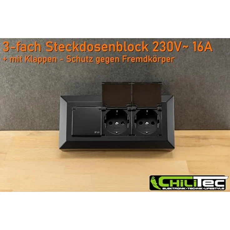 ChiliTec Steckdosenblock 3-Fach, Mehrfachsteckdose mit Klappdeckel und Schutzkontakt-Steckdosen für Küche, Büro und Werkstatt, Schwarz – Bild 4