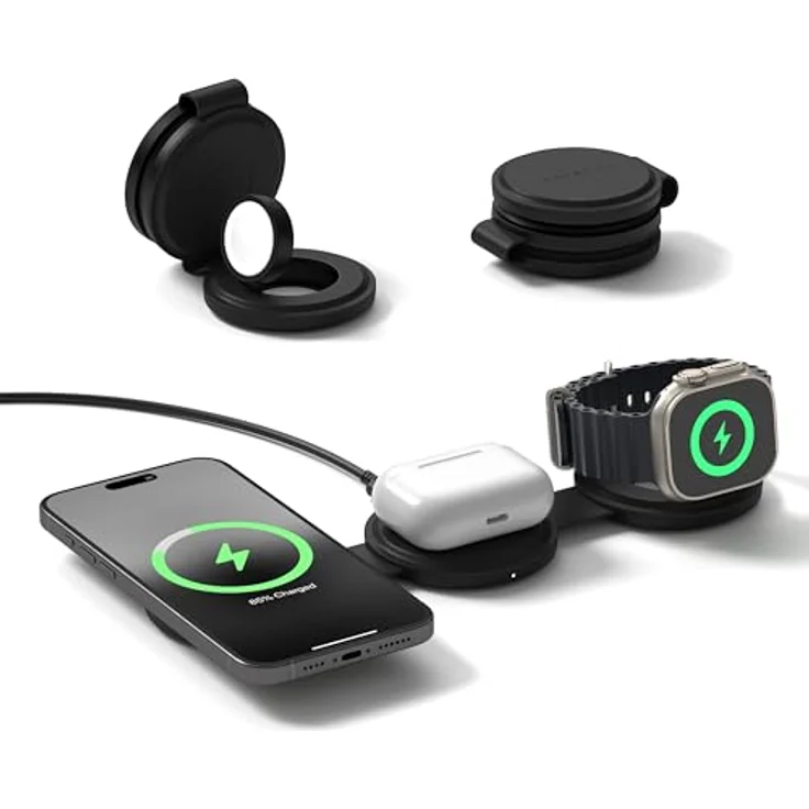 Satechi Onthego 3-in-1 Wireless Charger, vielseitiges Ladegerät für iPhone, Apple Watch und AirPods, schwarz, 15W Qi2 Technologie – Bild 1