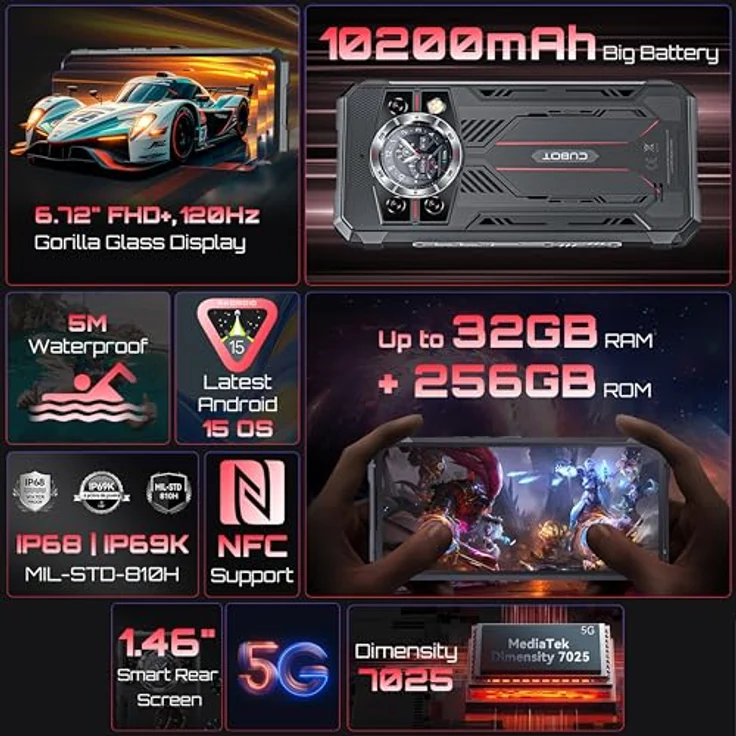 CUBOT Kingkong 11 – 5G Smartphone mit 6,72" FHD+ Display, 16GB RAM, 256GB ROM, 108MP Kamera, 10200mAh Akku, Android 15, Schwarz – Bild 2