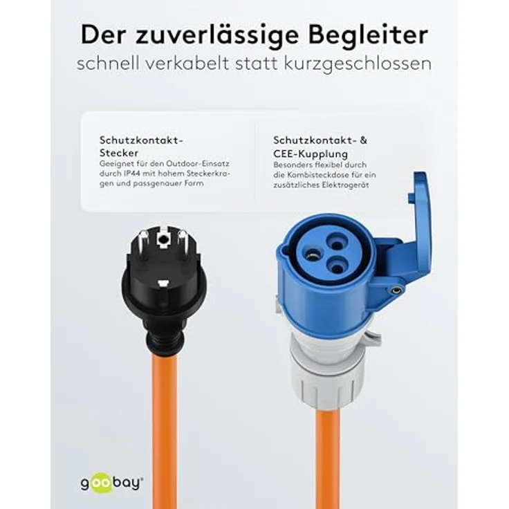 Goobay Camping Adapterleitung 1,5 m, orange, 2 CEE-Buchsen, IP44, für Außenbereich – Bild 7