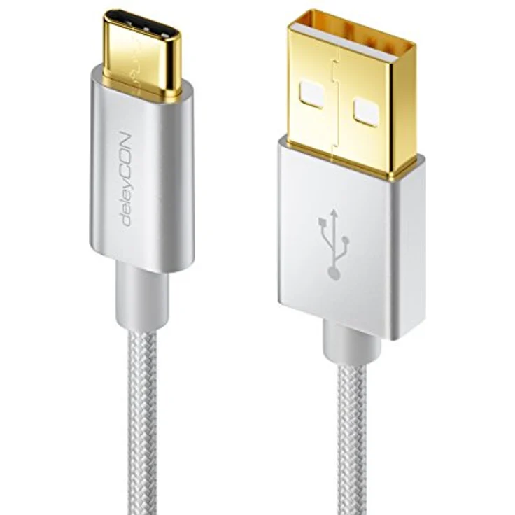 deleyCON 2m USB-C auf USB-A Kabel mit Schnellladefunktion, robustes Nylonkabel in Silber für Notebook, Smartphone und Tablet – Bild 2