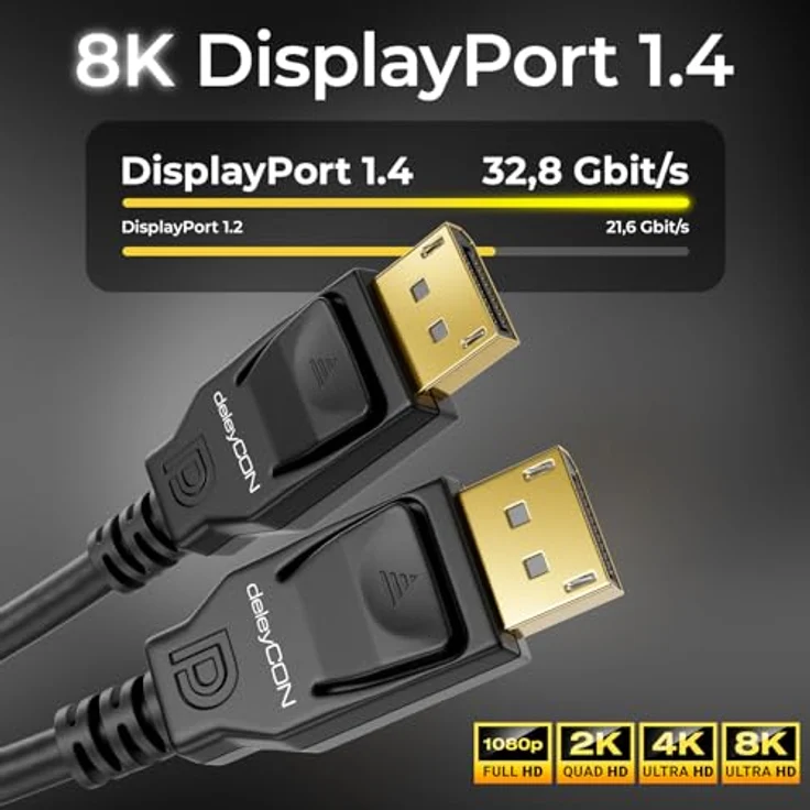 deleyCON 1,5m DisplayPort 8K Kabel 1.4, bis 8K@60Hz für Gaming Monitore bis 240Hz, HBR3 DSC HDR-10, schwarz – Bild 4