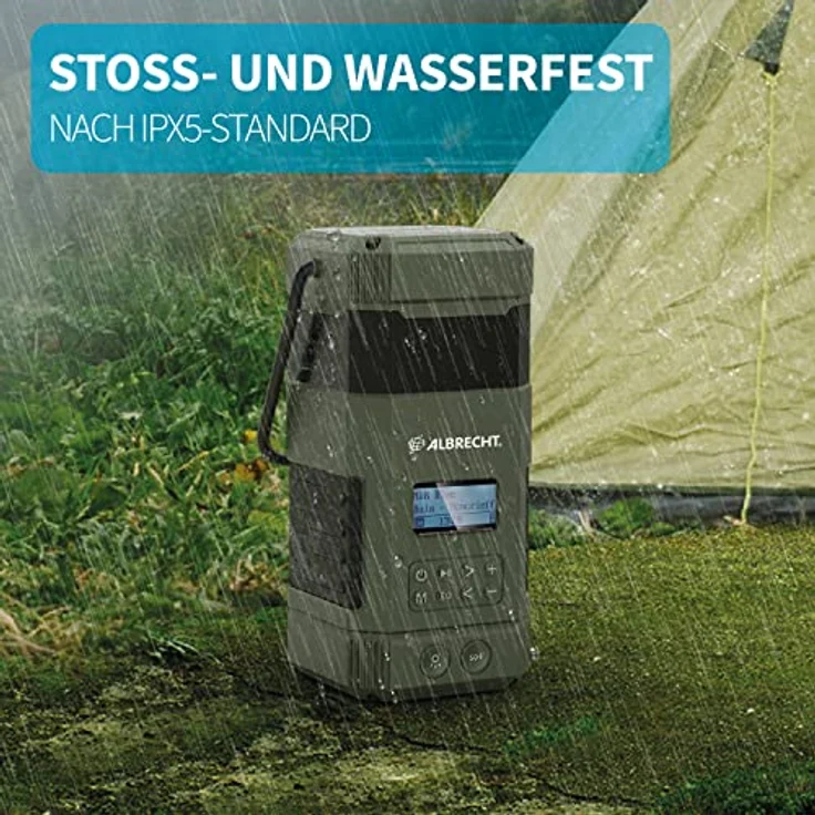 Albrecht DR 114, tragbares DAB+/UKW Outdoor Kurbelradio, 27912, SOS-Notruf, Campinglampe, Taschenlampe, Solarmodul, PowerBank, IPX5 Wasserschutz – Bild 4
