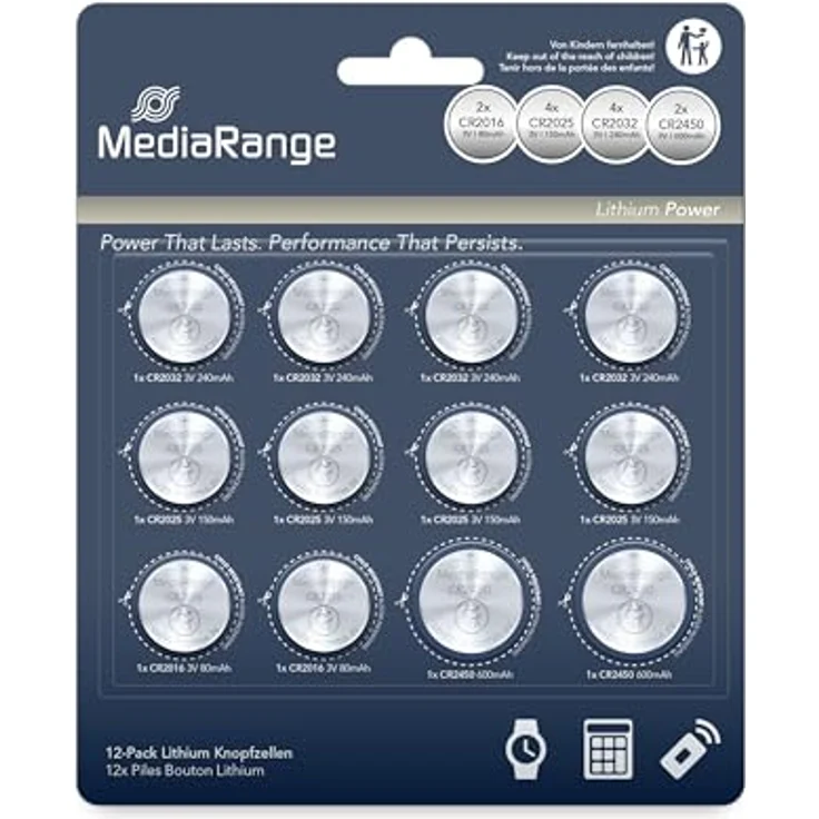 MediaRange Lithium Knopfzellen-Set, sortiert, CR2016|CR2025|CR2032|CR2450, 12er Pack – Bild 2