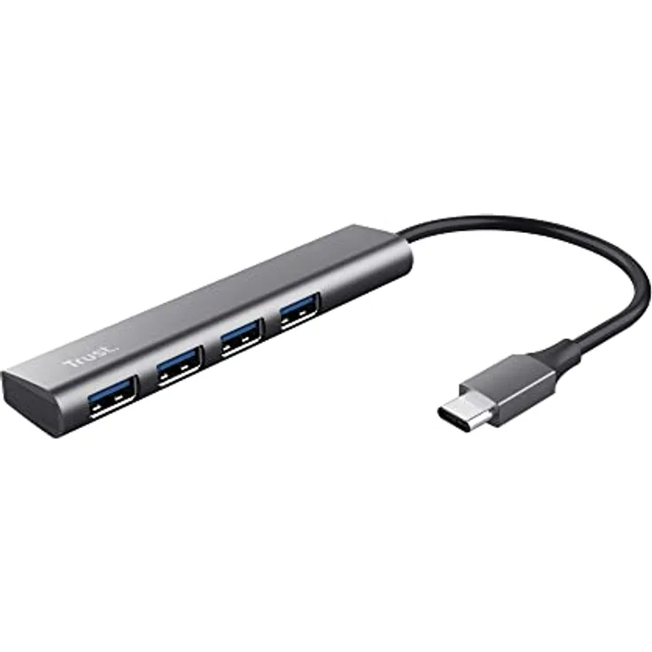 Trust Halyx USB-C Hub 3.2 Gen 1, 4 Port USB-A Adapter 5 GBit/s, Dünn und Kompakt, USB Verlängerung Datenhub, USB Verteiler, USB Splitter für Computer, PC, Laptop, Desktop, Windows - Grau